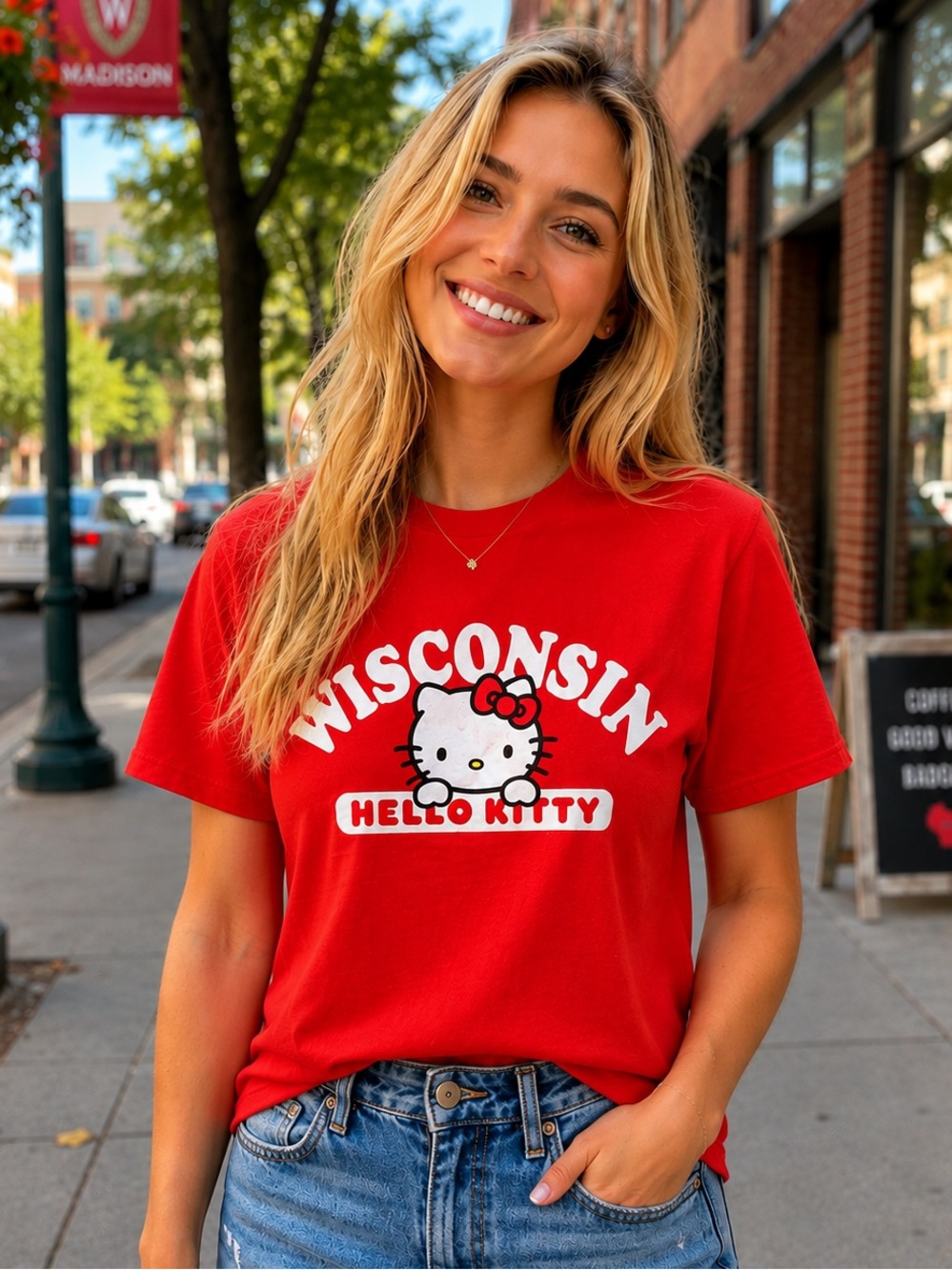 NWT Sanrio Blue 84 Red Wisconsin Hello Kitty Short Sleeve Tee Shirt College M